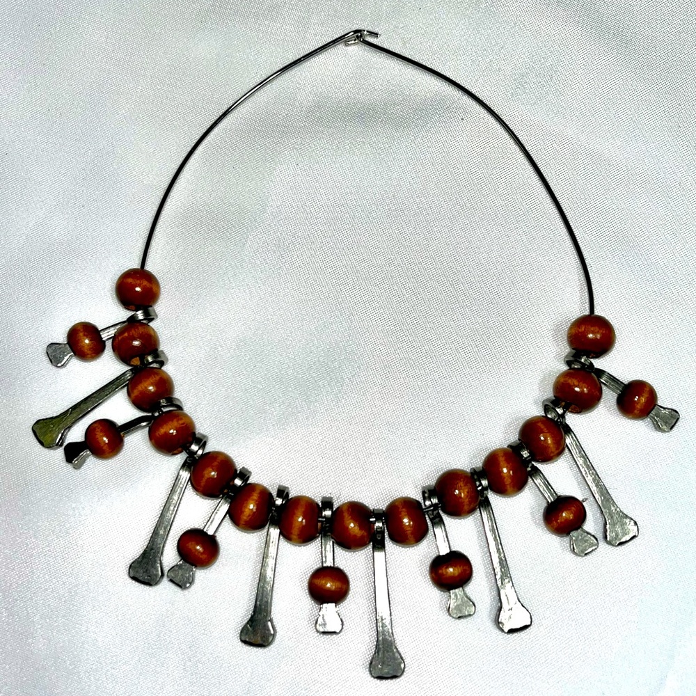 Vintage Spunky tribal Metal Medallion & Wooden Beaded Necklace.